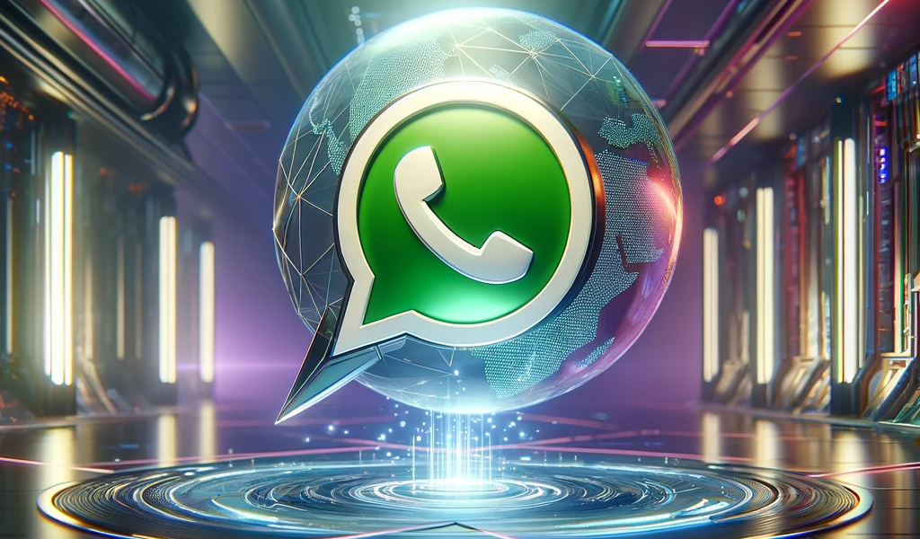 Dall·e 2023 12 01 21.00.51 A Futuristic Background With The Whatsapp Logo Floating Through The Scene. The Setting Should Convey A High Tech, Sci Fi Atmosphere, Perhaps With Neon - Zap Contábil